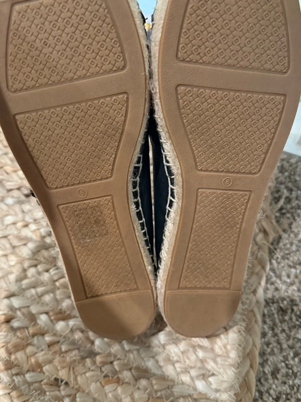 Tory Burch Black Leather Espadrille Flats with Patent Logo Cap